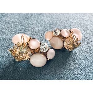 Vintage Pakula Clip-On Earrings Soft Moonglow Cabochons Rhinestones Leaf Gold